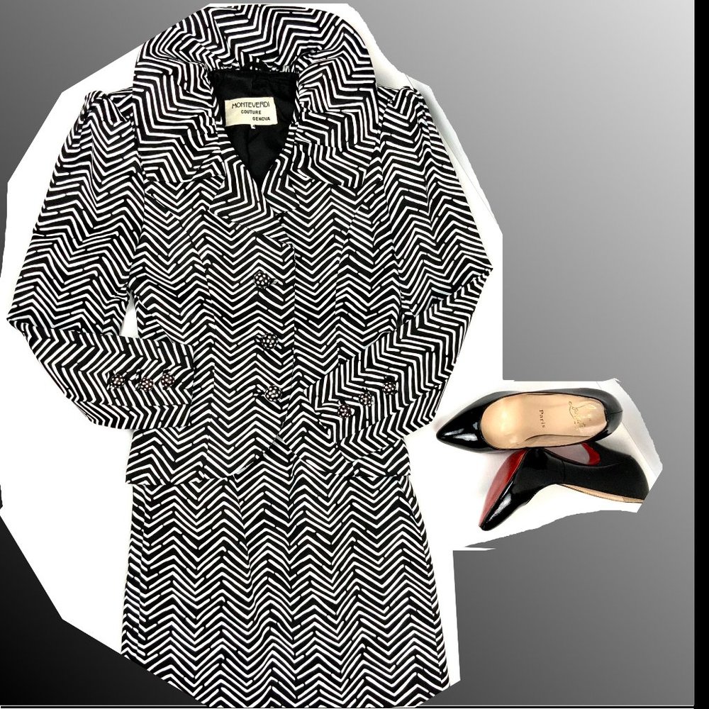 Vintage Monteverdi Couture Genova Luxury Silk Black & White Shevron Suit Sz 4 -2 - Picture 2 of 16